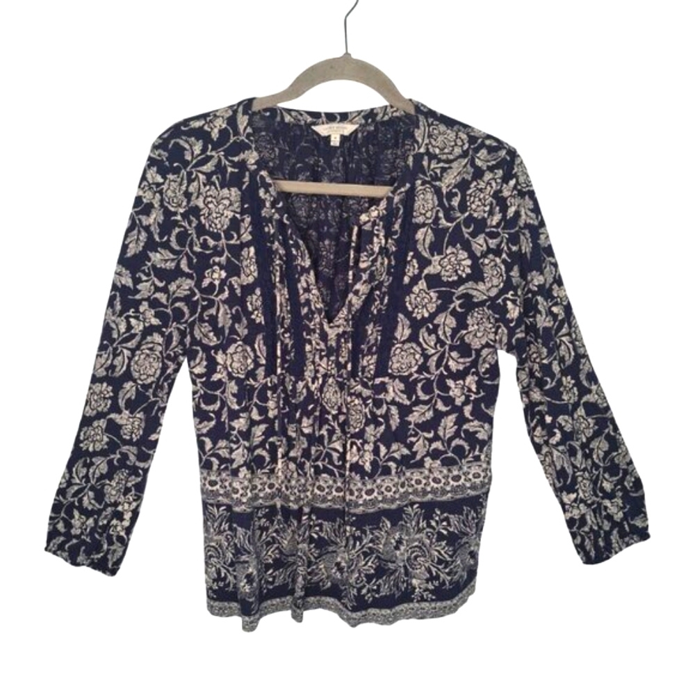 Lucky Brand Blue BoHo Split Neck Blouse Size Medium